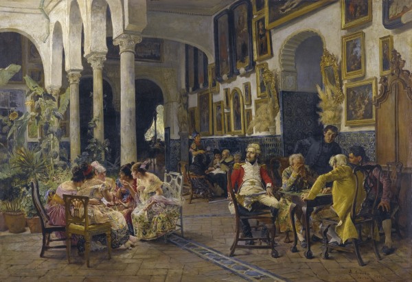 Conversation in a Sevillian courtyard Print
